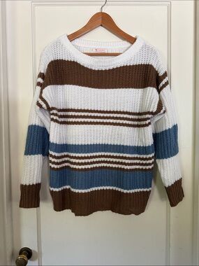 Striped Crewneck Sweater in White, Brown & Blue